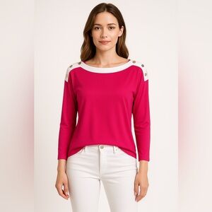 Jones New York Womens Top Size S Hot Pink White Trim Button Shoulder NWT